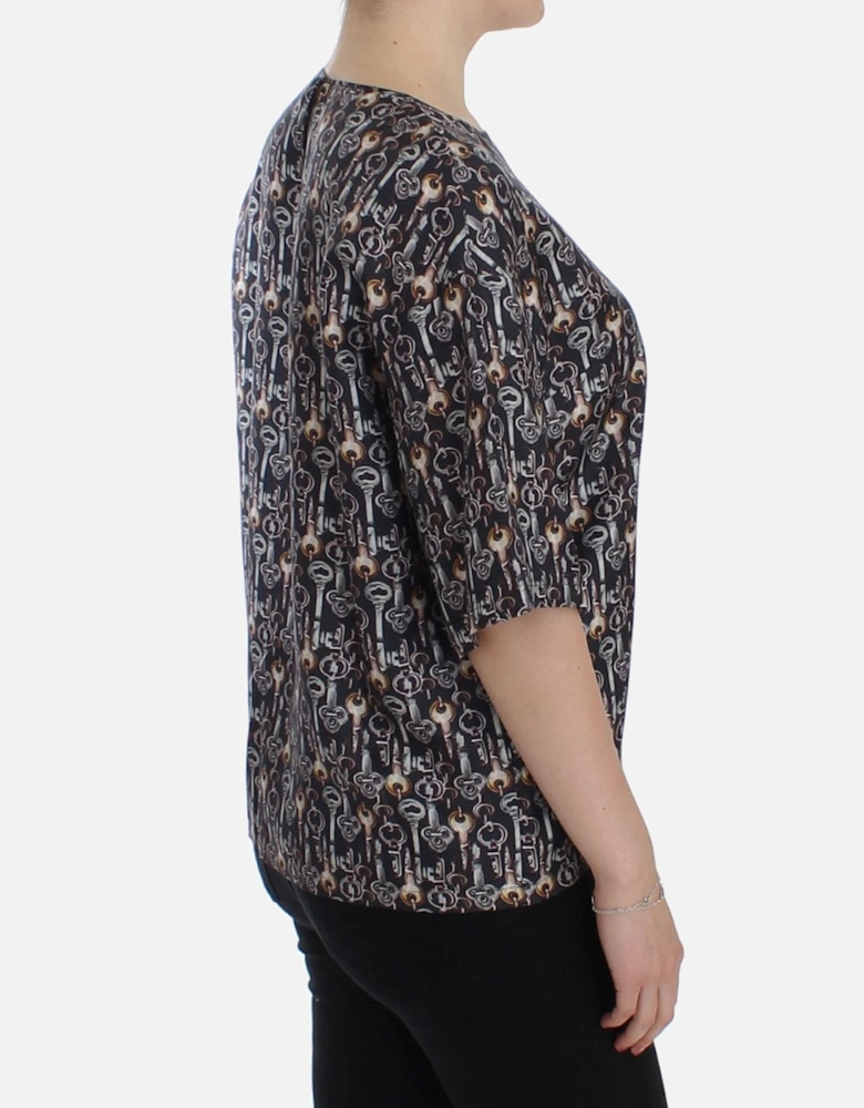 Key Print Silk Top Short Sleeve Blouse Women - Gray T-Shirts