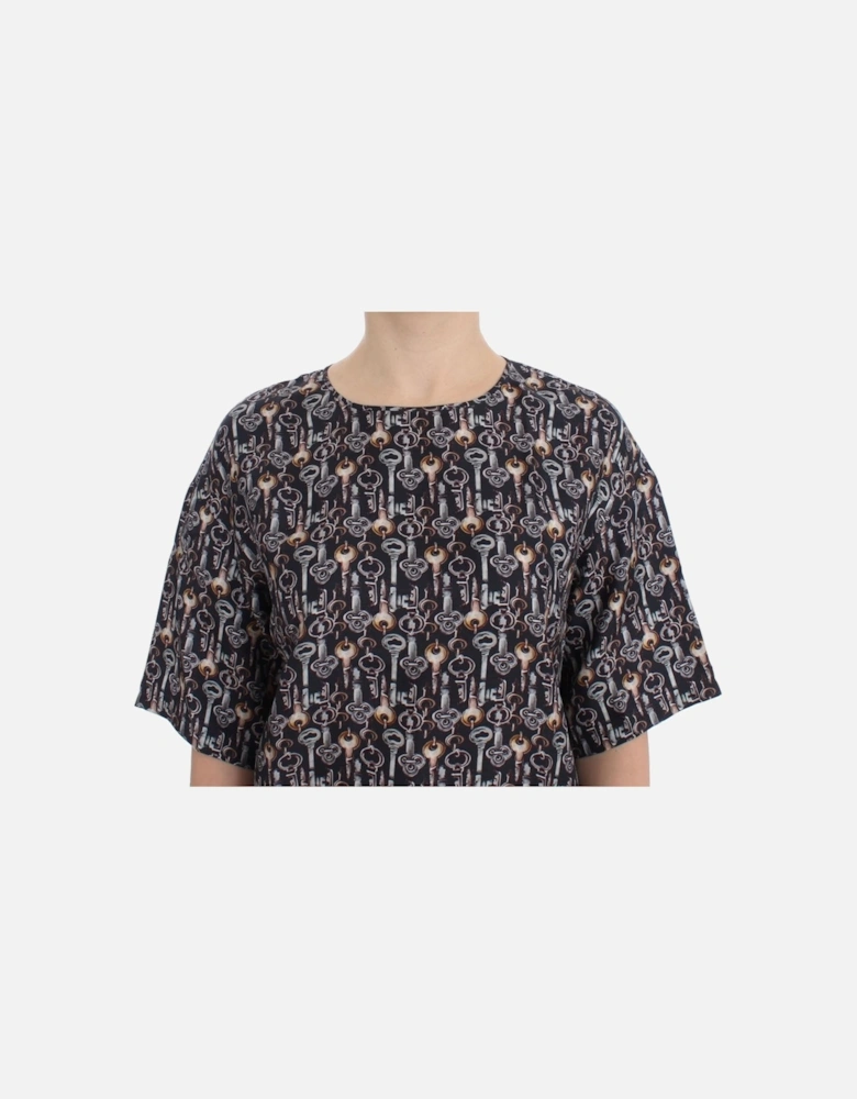 Key Print Silk Top Short Sleeve Blouse Women - Gray T-Shirts