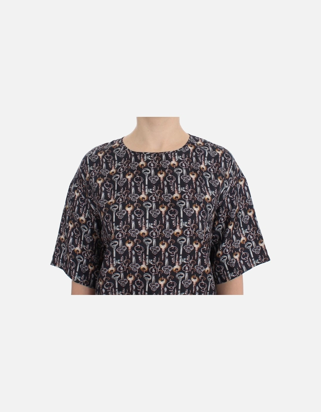 Key Print Silk Top Short Sleeve Blouse Women - Gray T-Shirts