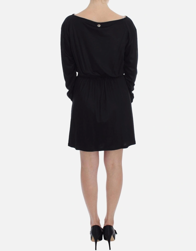 Long Sleeve Boat Neck Mini Dress Women - Black Dresses