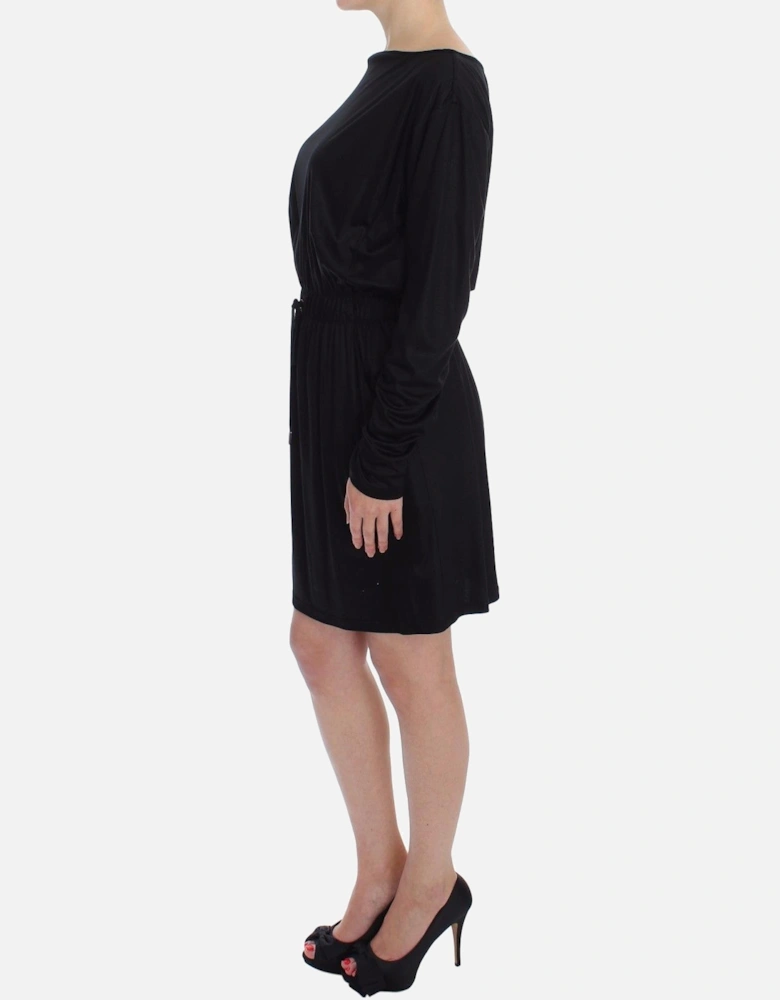 Long Sleeve Boat Neck Mini Dress Women - Black Dresses