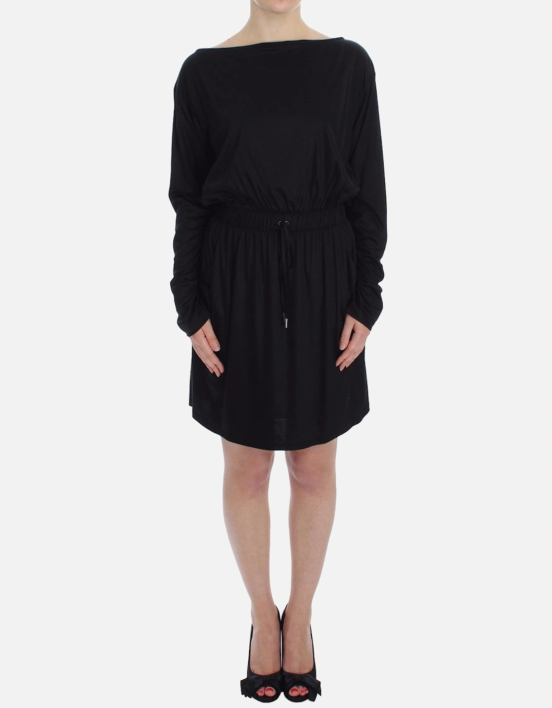 Long Sleeve Boat Neck Mini Dress Women - Black Dresses, 6 of 5