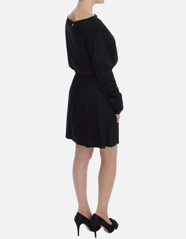 Long Sleeve Boat Neck Mini Dress Women - Black Dresses