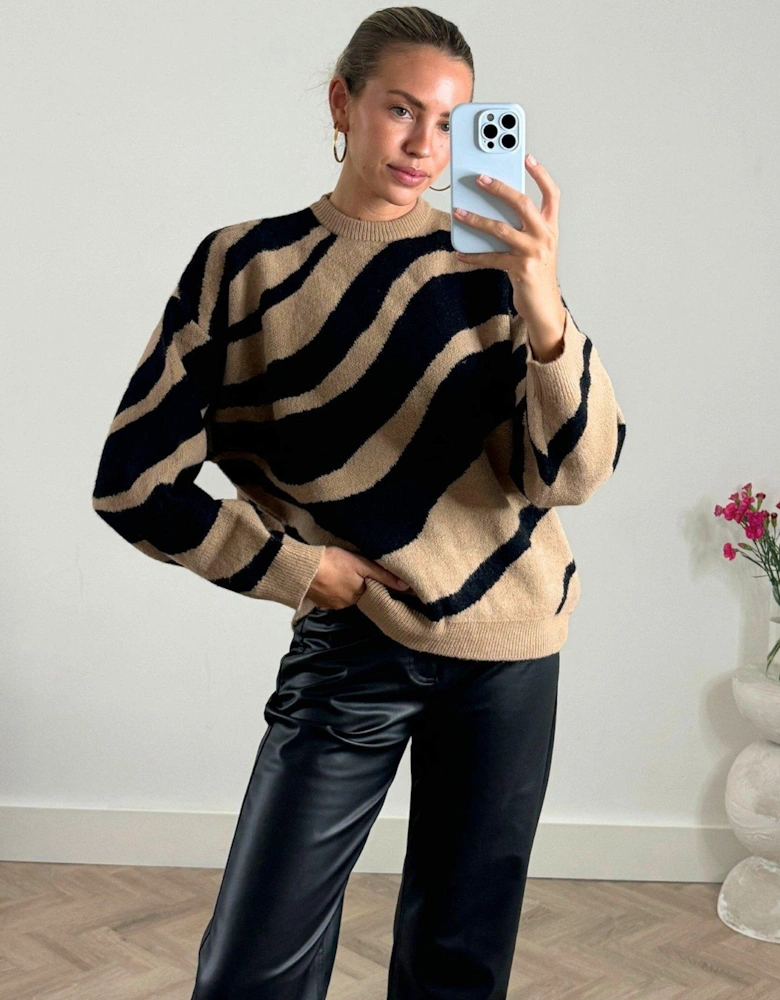 Zebra Print Knitted Jumper - Black/Stone