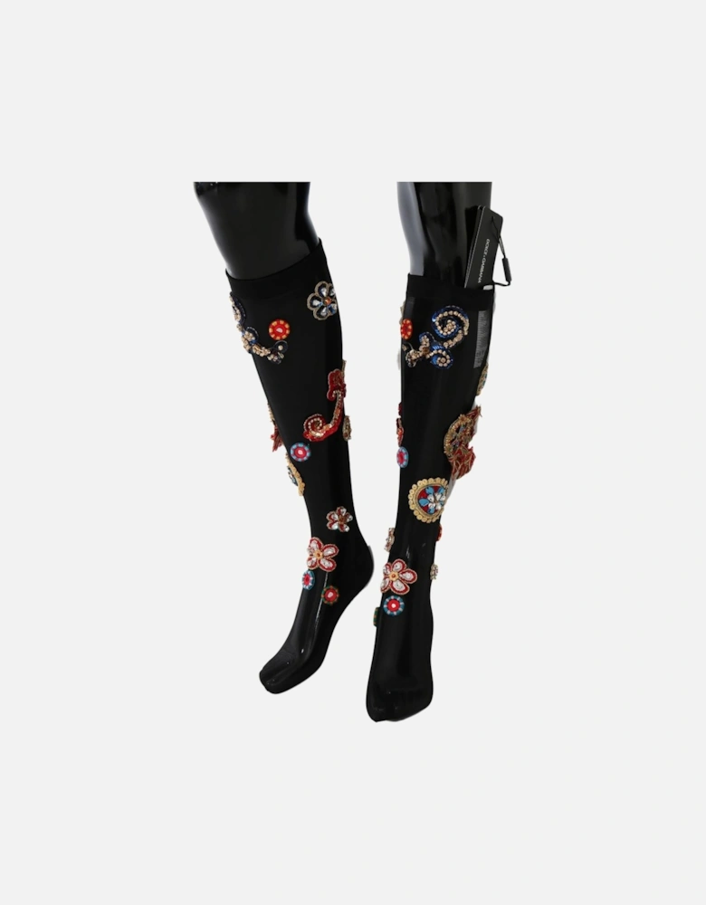 Embellished KneeHigh Socks Women - Black Pantyhose