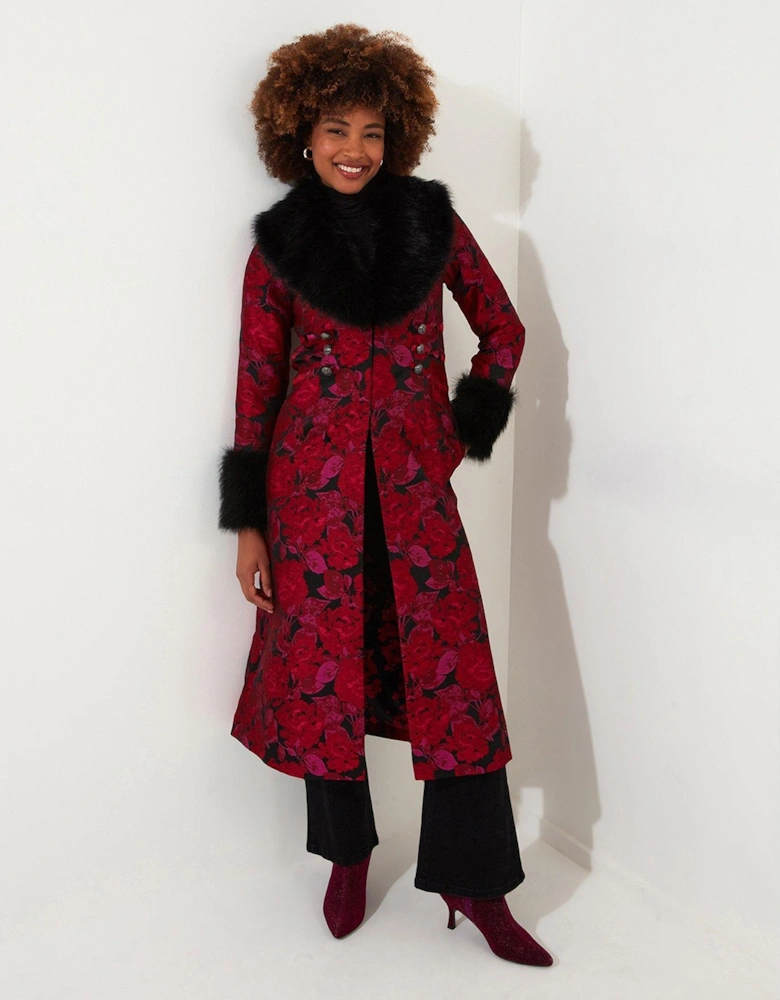 Petite Printed Longline Coat - Red