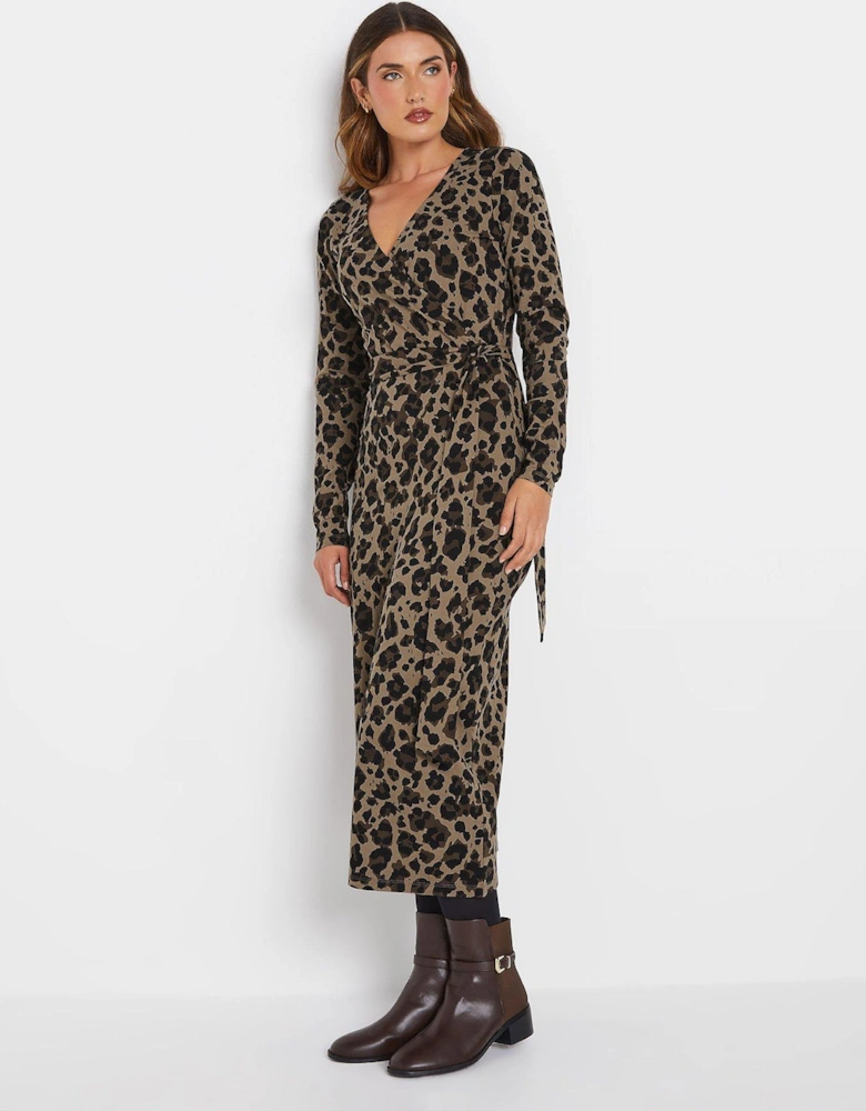 Animal Wrap Midi Dress - Brown