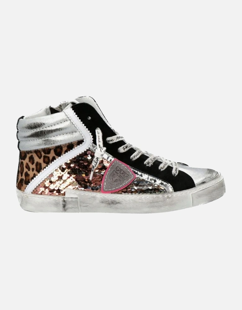 Leather Sneakers with Silver Inserts and Sequin Details Women - Gray