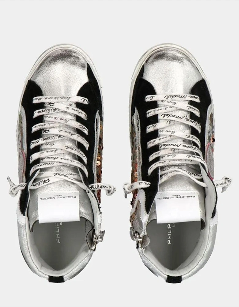 Leather Sneakers with Silver Inserts and Sequin Details Women - Gray