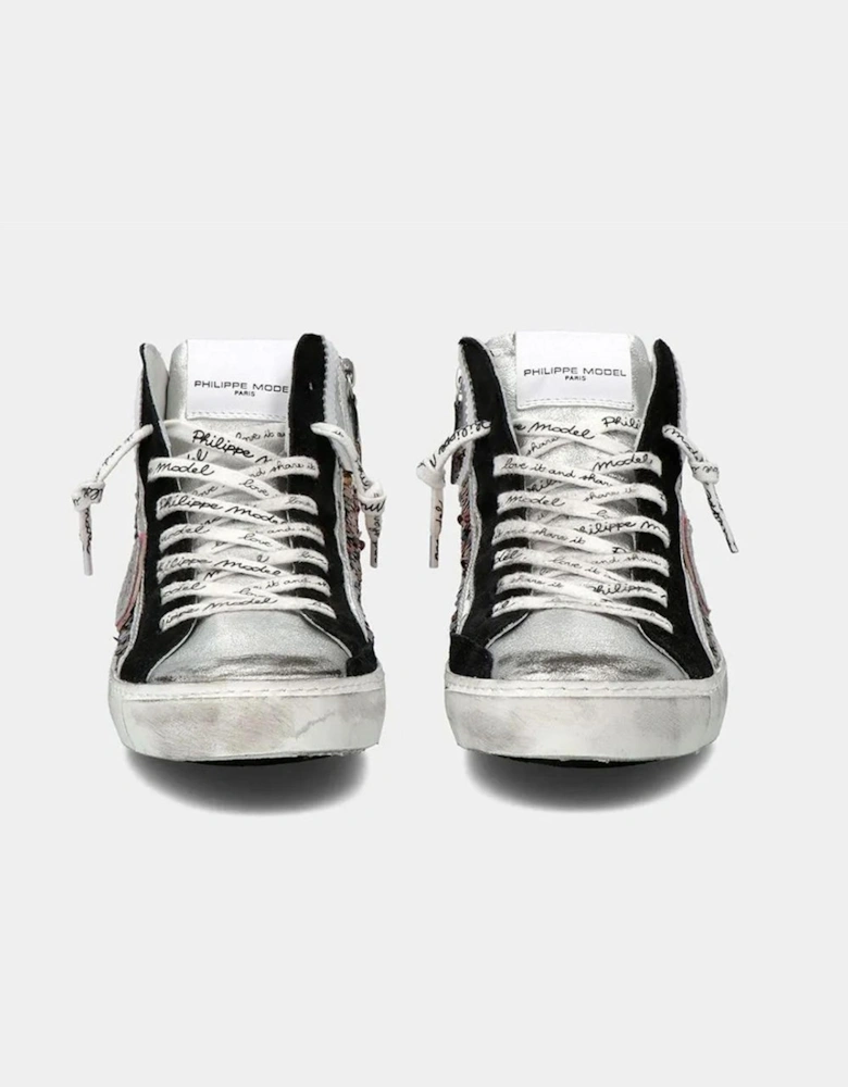 Leather Sneakers with Silver Inserts and Sequin Details Women - Gray