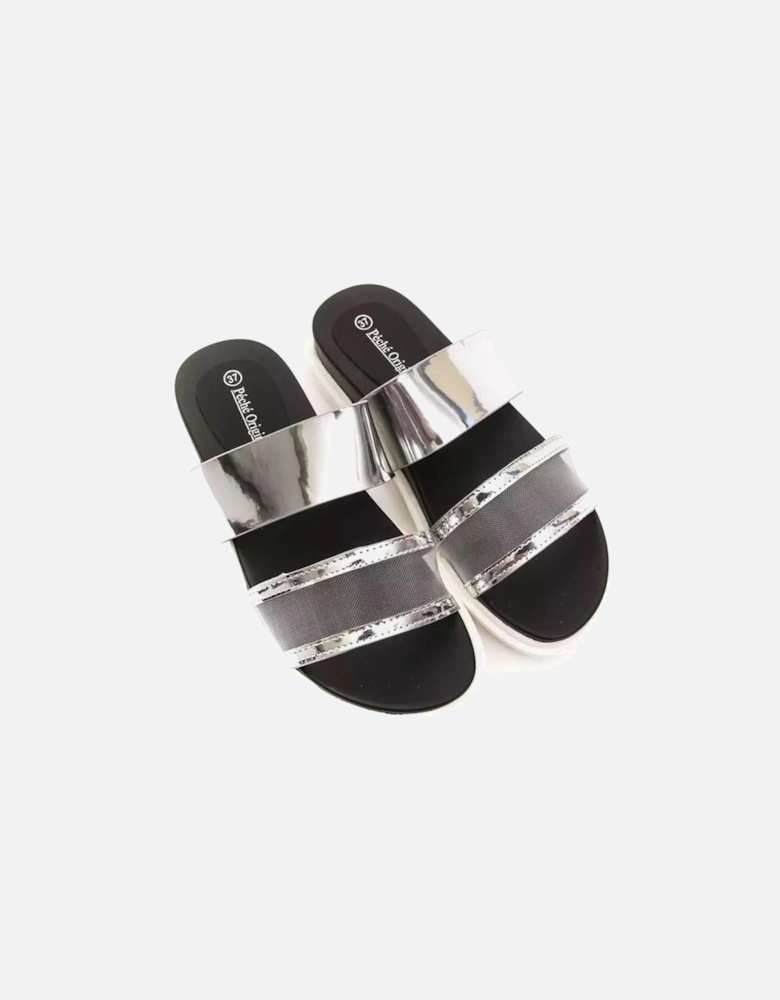 Mesh Metallic Slide Sandals Silver Women