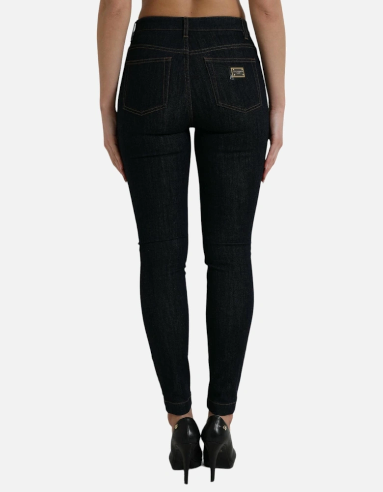 Denim Mid Waist Stretch Jeans with Zipper Closure and Logo Details