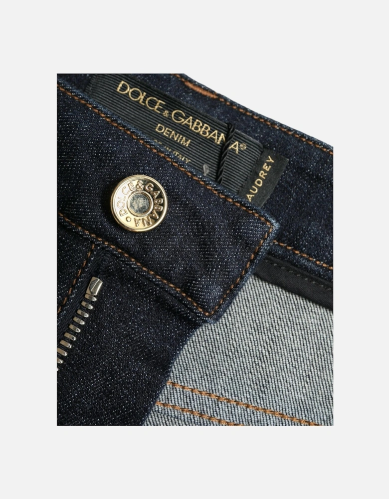 Denim Mid Waist Stretch Jeans with Zipper Closure and Logo Details