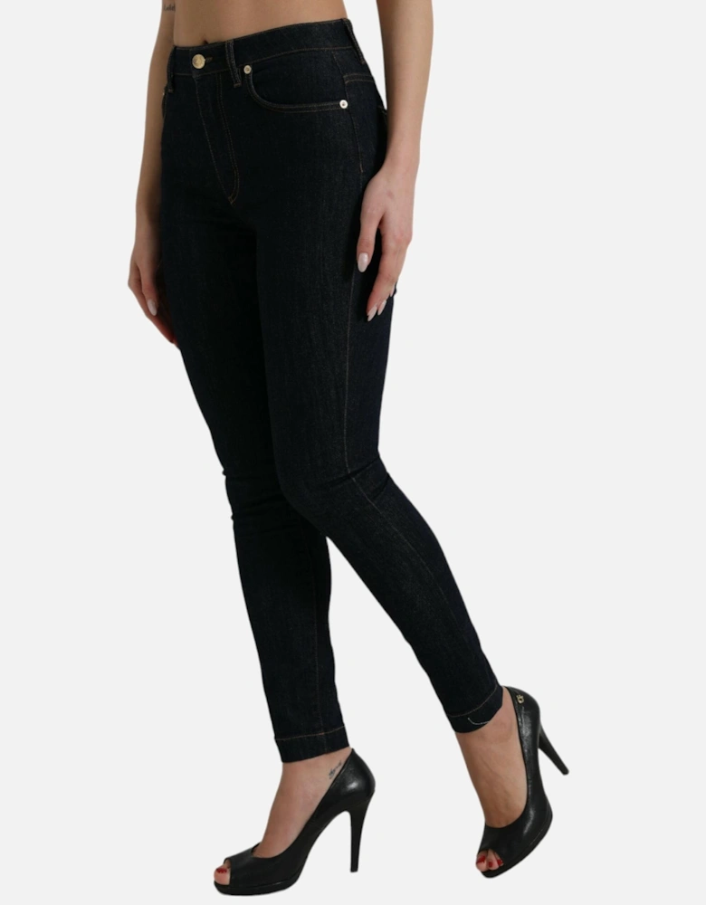 Denim Mid Waist Stretch Jeans with Zipper Closure and Logo Details