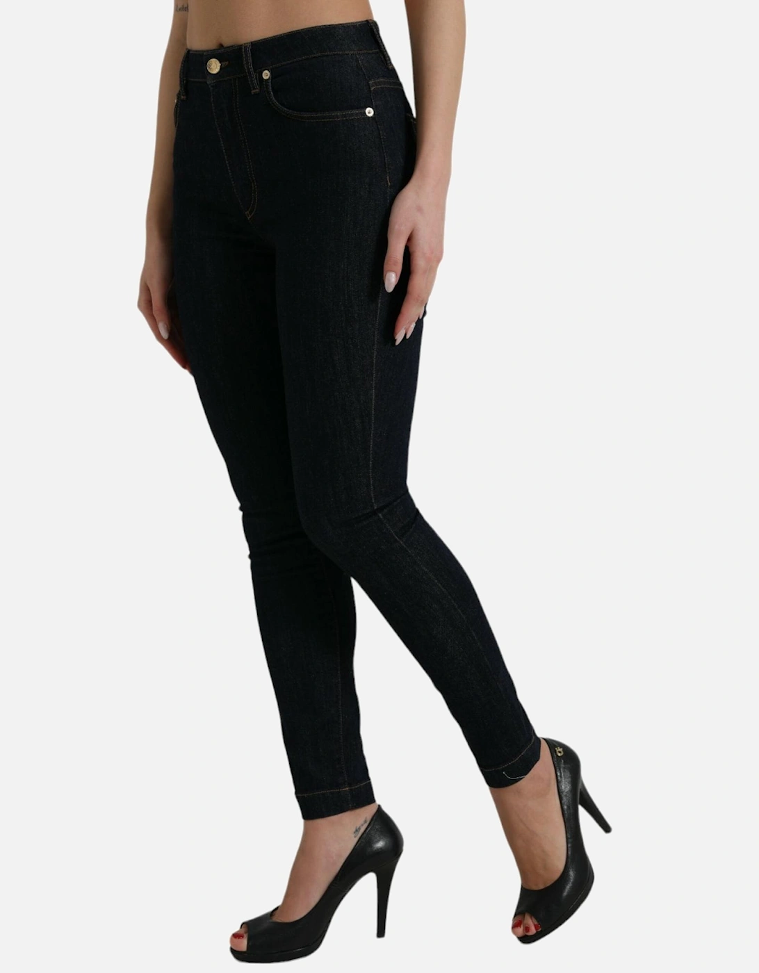 Denim Mid Waist Stretch Jeans with Zipper Closure and Logo Details
