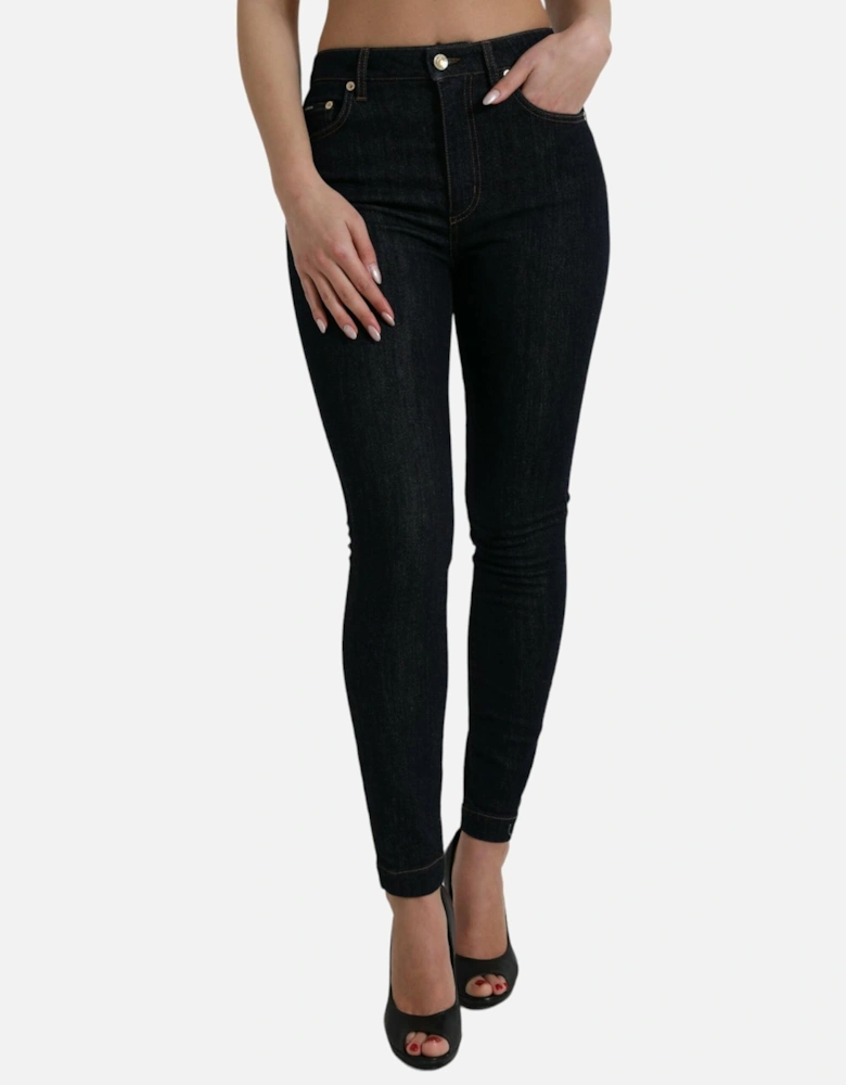 Denim Mid Waist Stretch Jeans with Zipper Closure and Logo Details