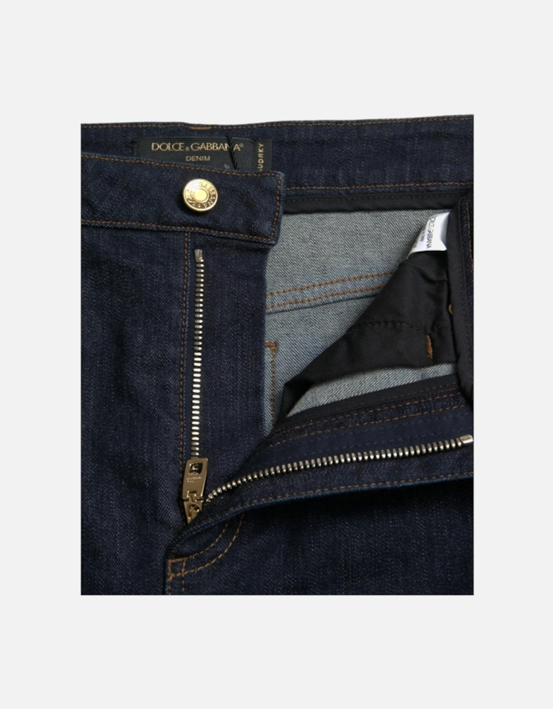 Denim Mid Waist Stretch Jeans with Zipper Closure and Logo Details