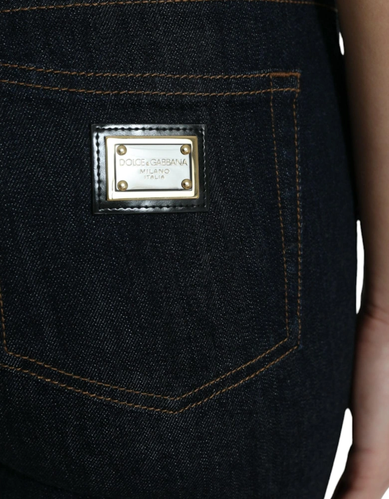 Denim Mid Waist Stretch Jeans with Zipper Closure and Logo Details