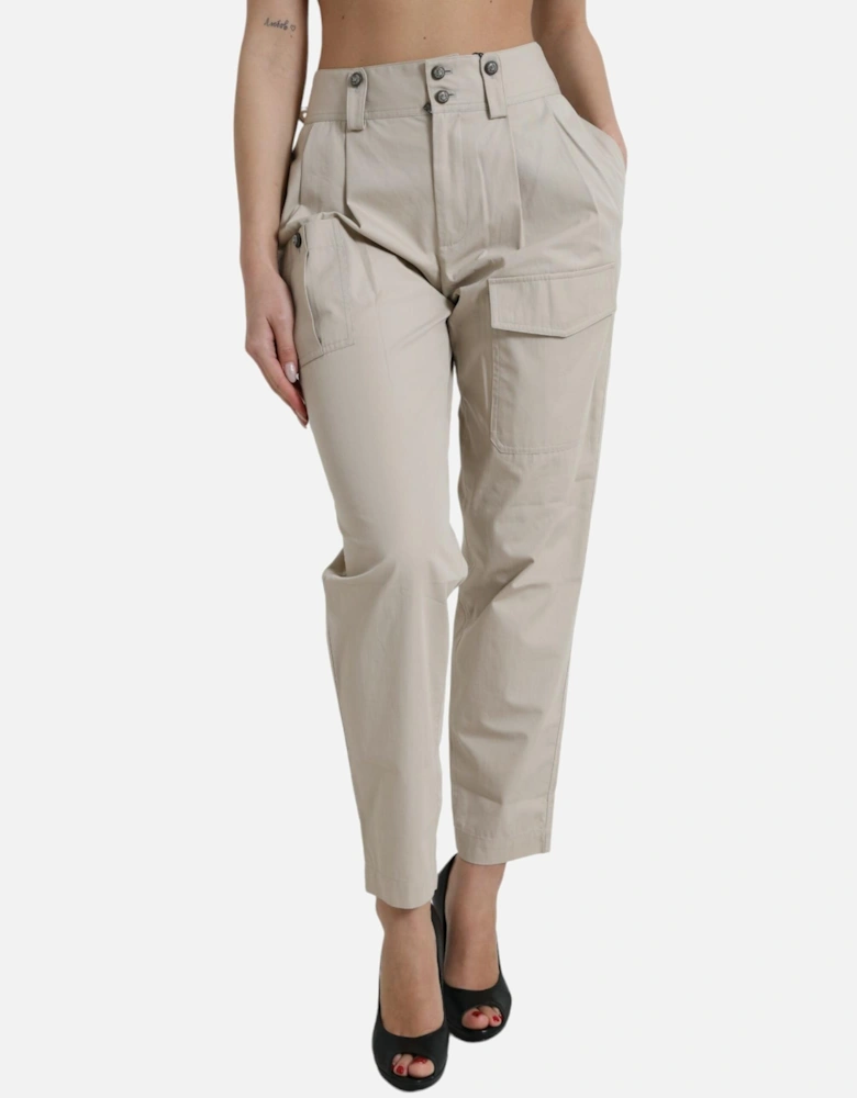 High Waisted Tapered Pants with Logo Details in Beige Cotton Women
