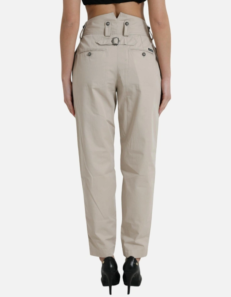 High Waisted Tapered Pants with Logo Details in Beige Cotton Women