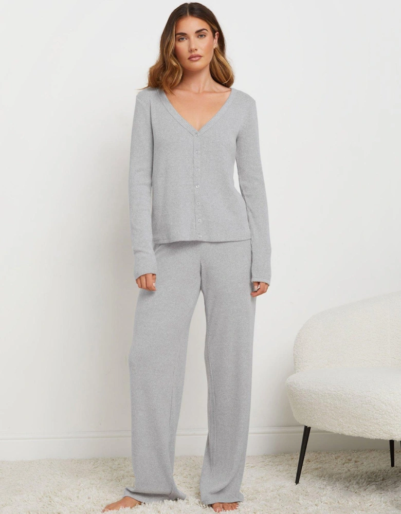 Lounge Ribbed Wide Leg Pant - Grey