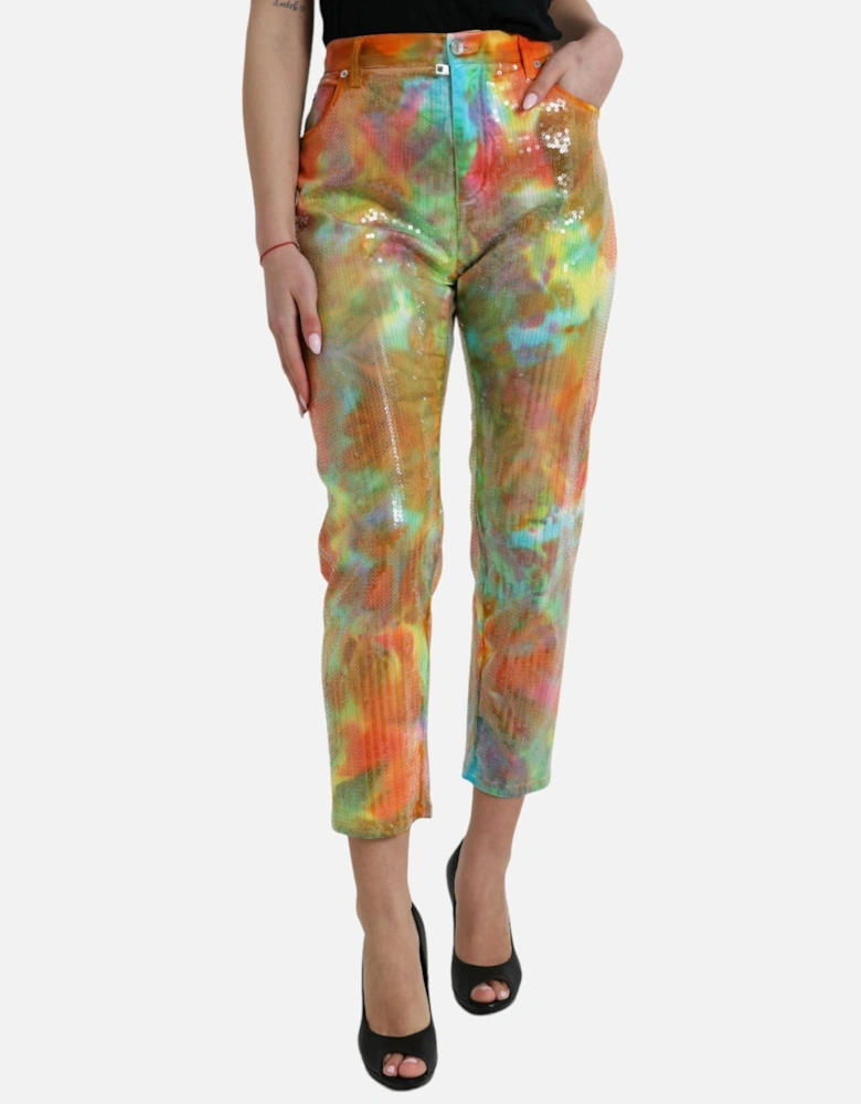 Multicolor High Waist Cropped Pants with Zipper Closure and Logo