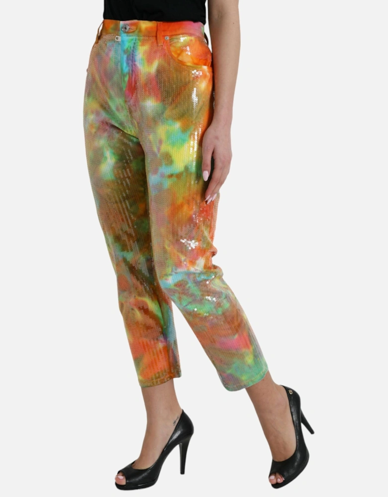 Multicolor High Waist Cropped Pants with Zipper Closure and Logo