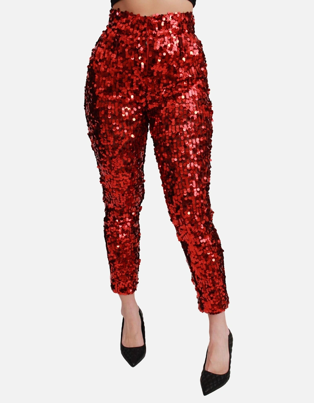 High Waist Cropped Pants with Logo Details Women - Red Jeans, 5 of 4
