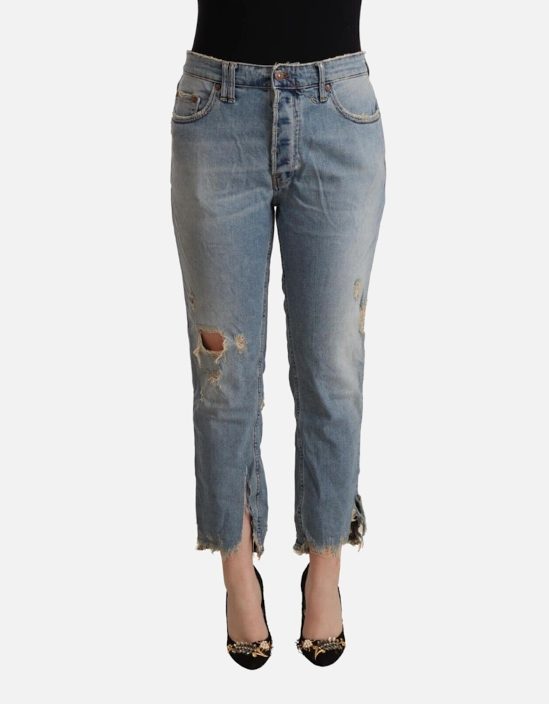 Cropped Boyfriend Jeans Distressed Detail Women - Light Blue Jeans