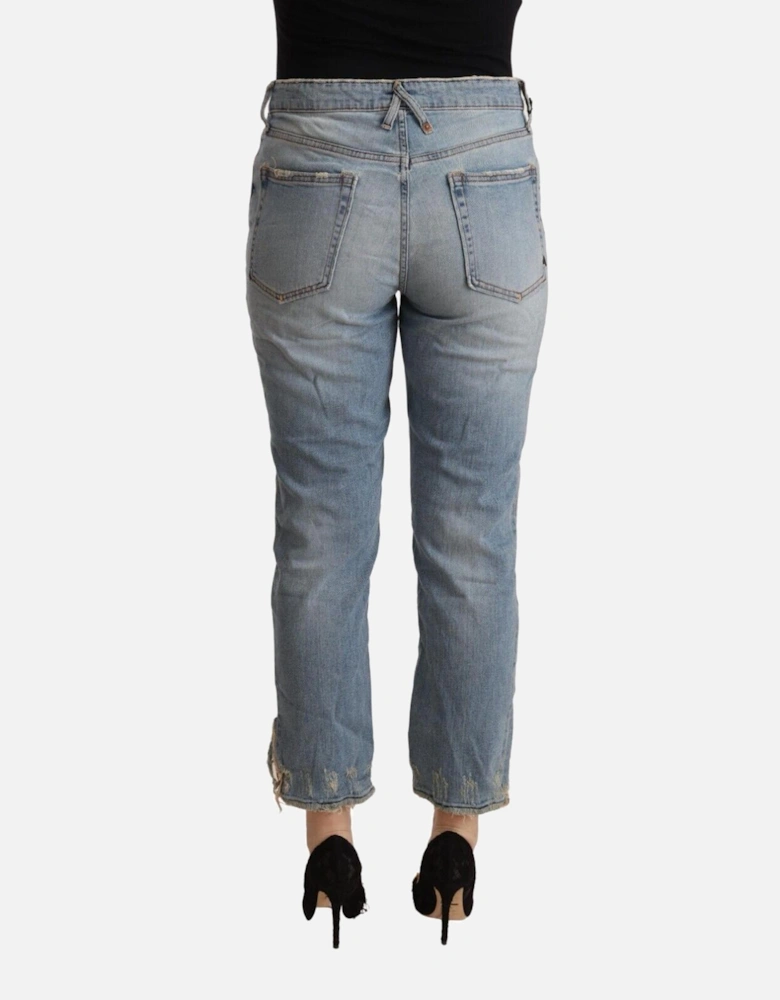 Cropped Boyfriend Jeans Distressed Detail Women - Light Blue Jeans