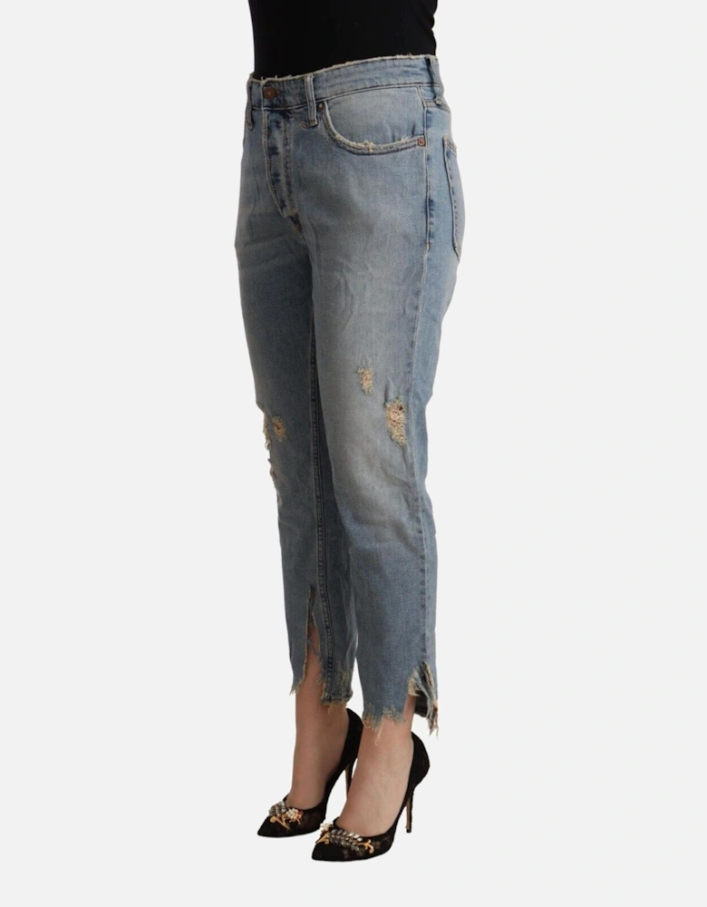 Cropped Boyfriend Jeans Distressed Detail Women - Light Blue Jeans