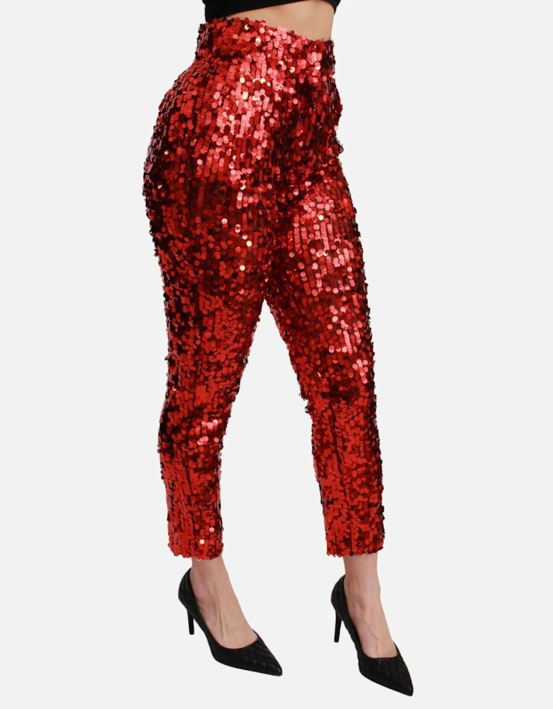 High Waist Cropped Pants with Logo Details Women - Red Jeans