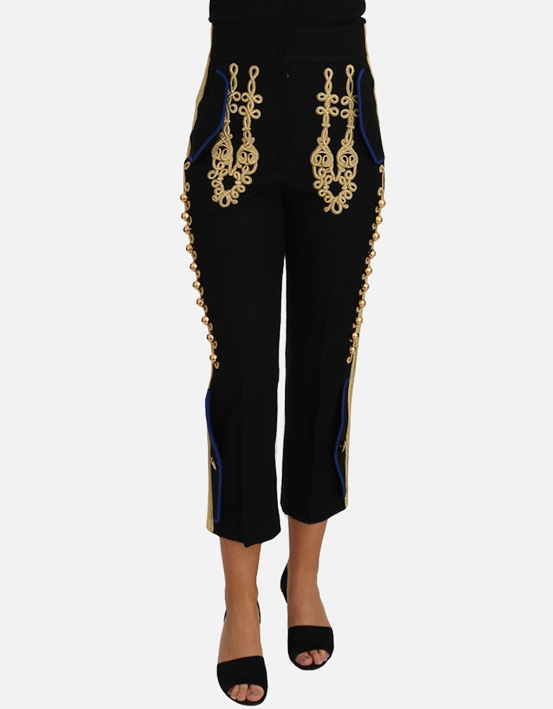 Cropped Trousers Gold Braid Detail Women - Black Jeans, 5 of 4