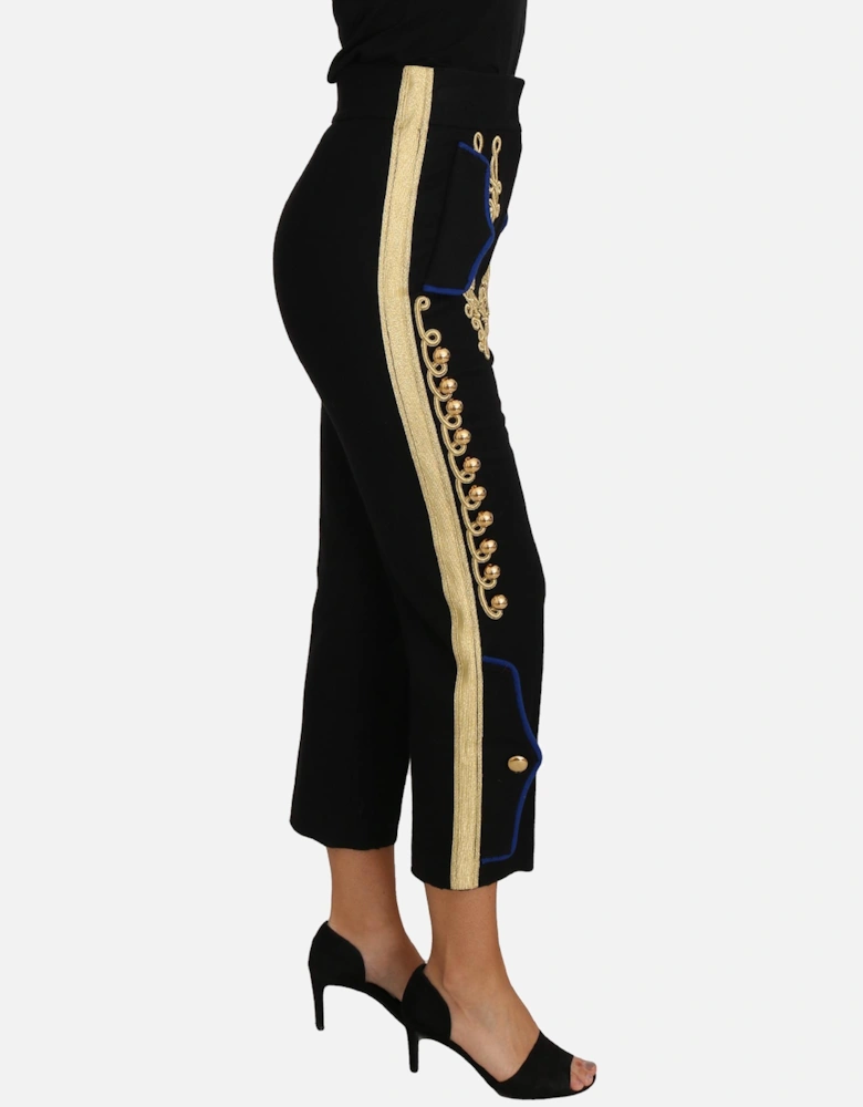 Cropped Trousers Gold Braid Detail Women - Black Jeans