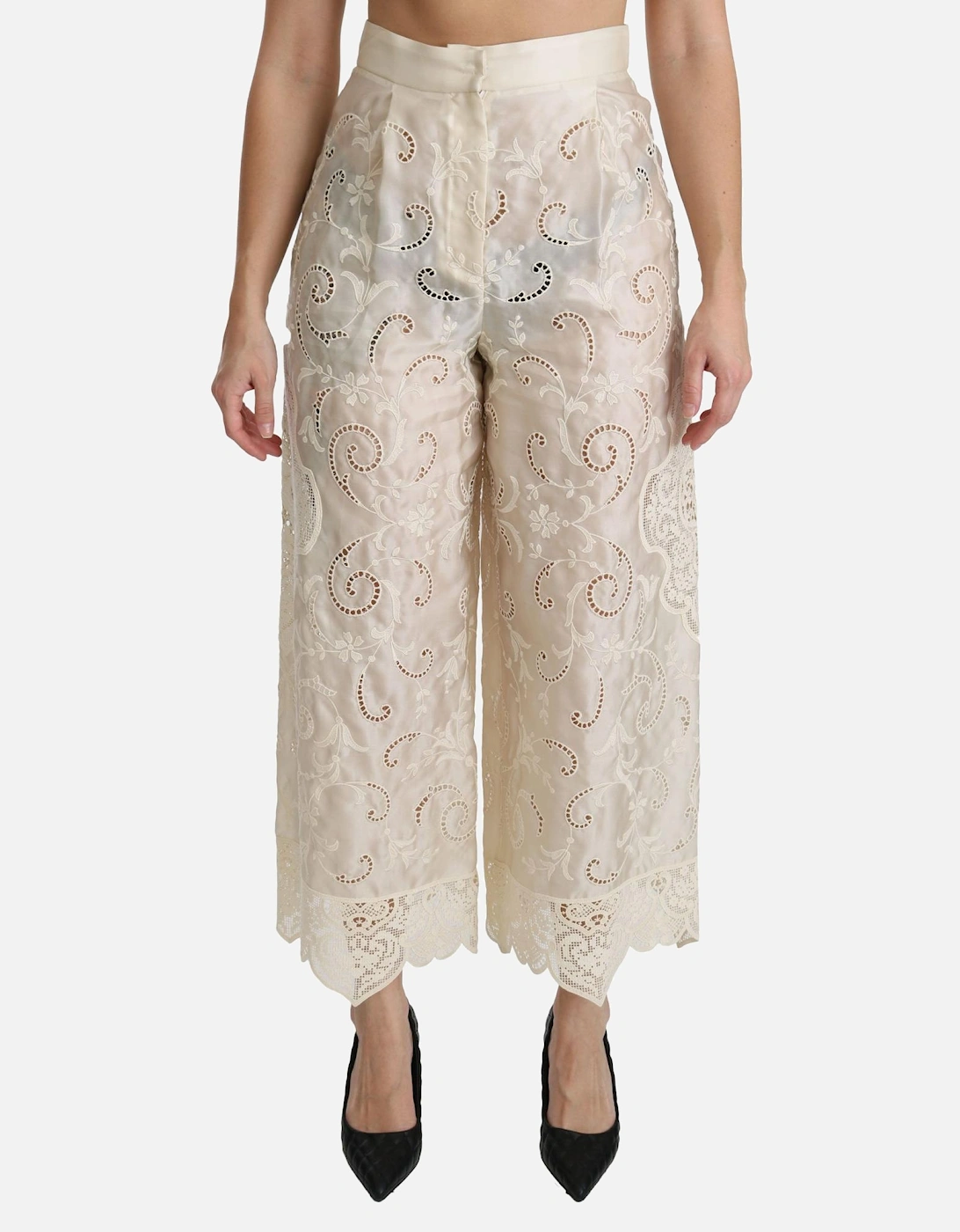 Dolce Gabbana Embroidered Wide Leg Pants Women - Cream Jeans, 6 of 5
