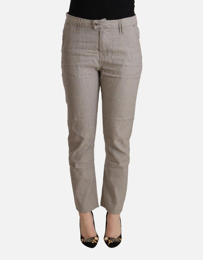 Linen Mid Waist Tapered Pants with Button Closure Women - Gray Jeans