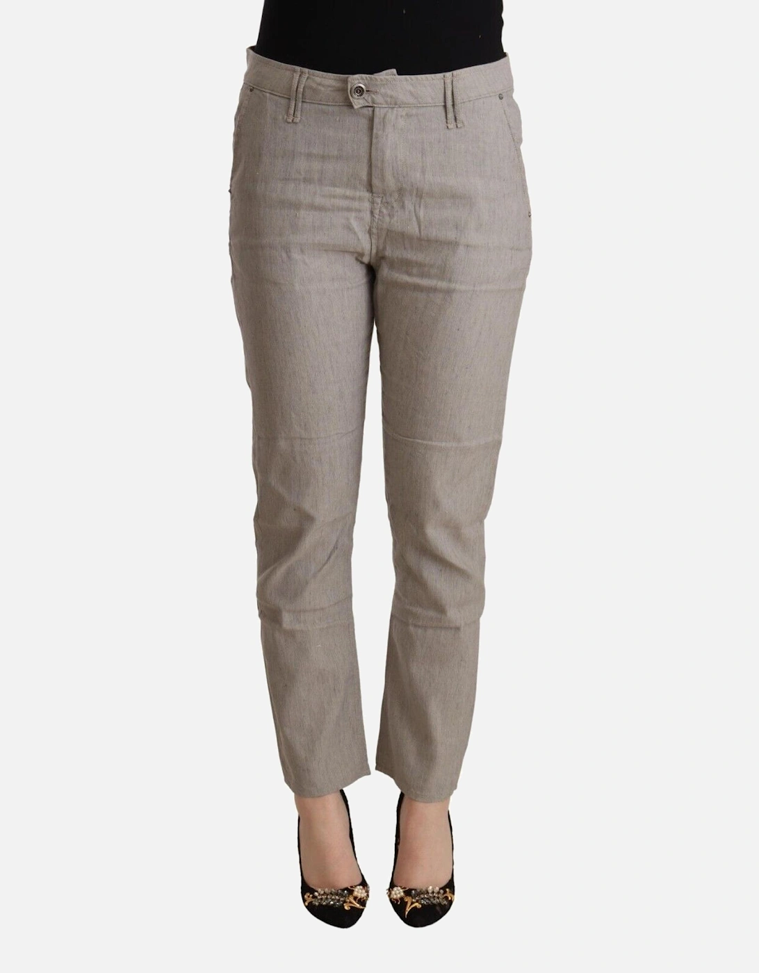 Linen Mid Waist Tapered Pants with Button Closure Women - Gray Jeans, 4 of 3