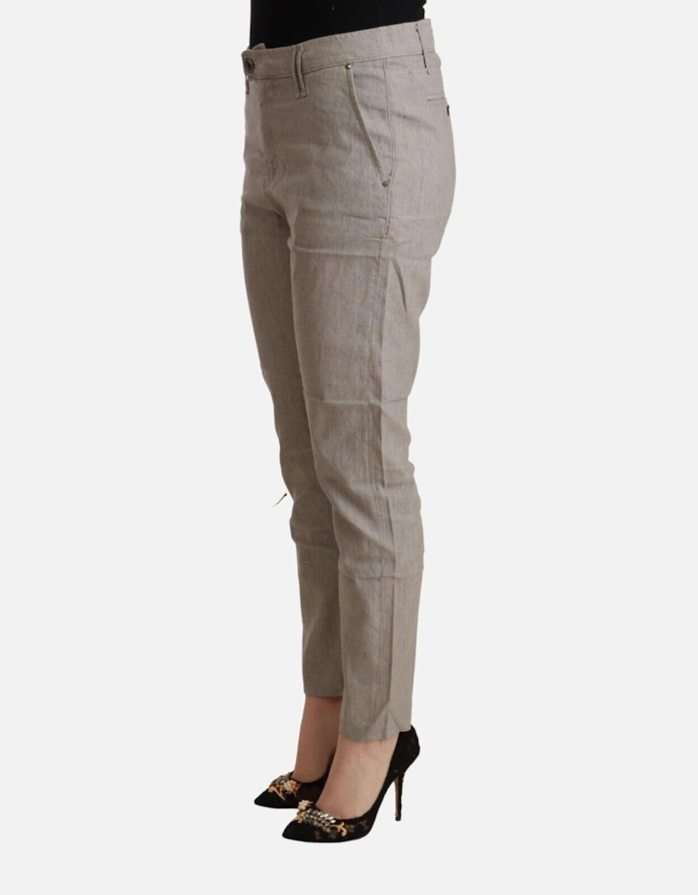 Linen Mid Waist Tapered Pants with Button Closure Women - Gray Jeans