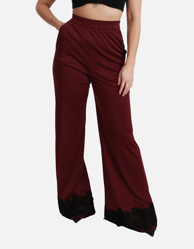 Wide Leg Pants Lace Detail Burgundy Women - Bordeaux Jeans
