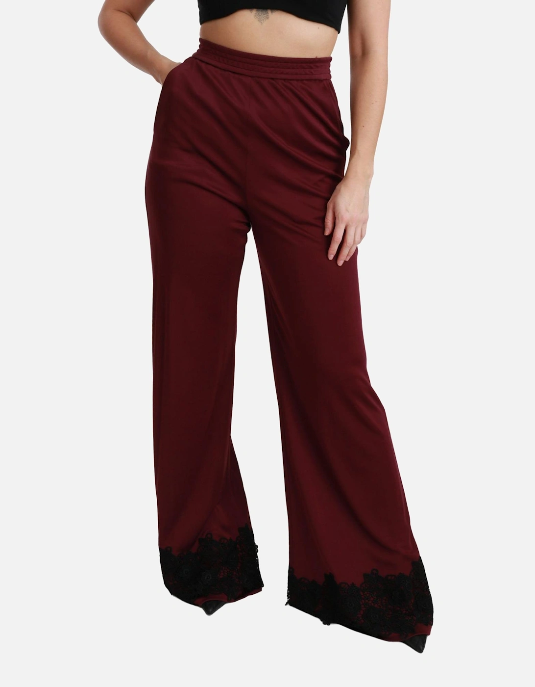 Wide Leg Pants Lace Detail Burgundy Women - Bordeaux Jeans
