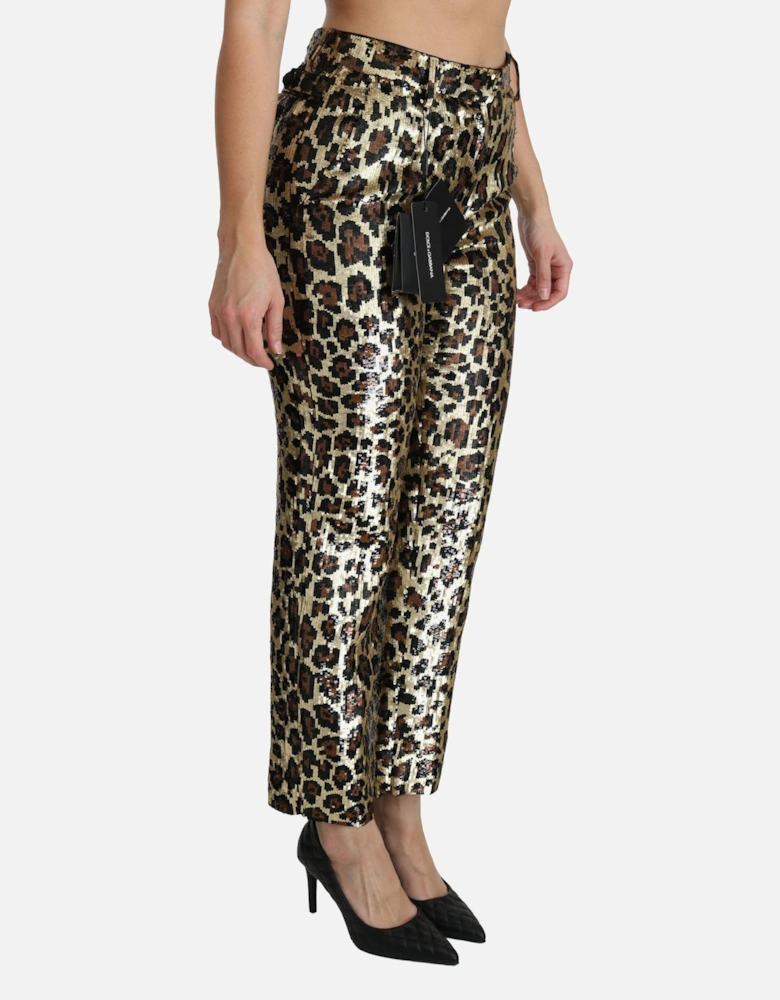 High Waist Leopard Sequined Straight Pants Women - Gold Jeans