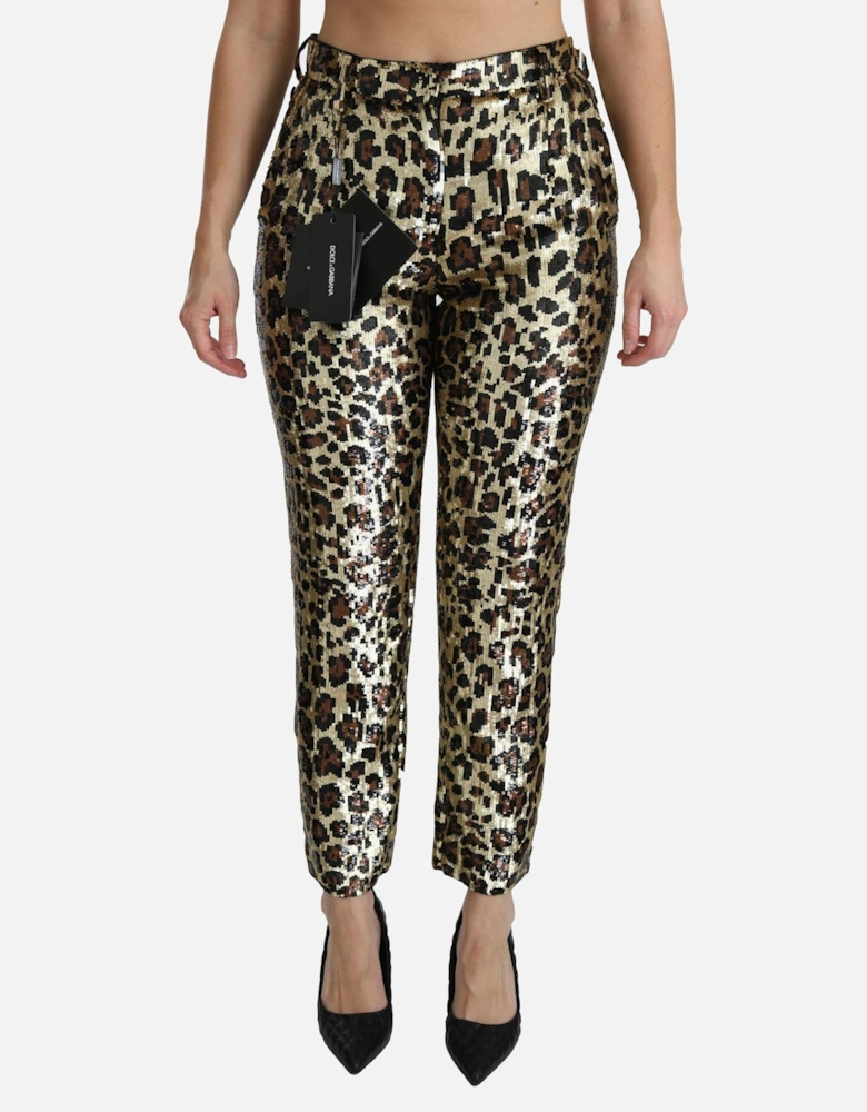 High Waist Leopard Sequined Straight Pants Women - Gold Jeans