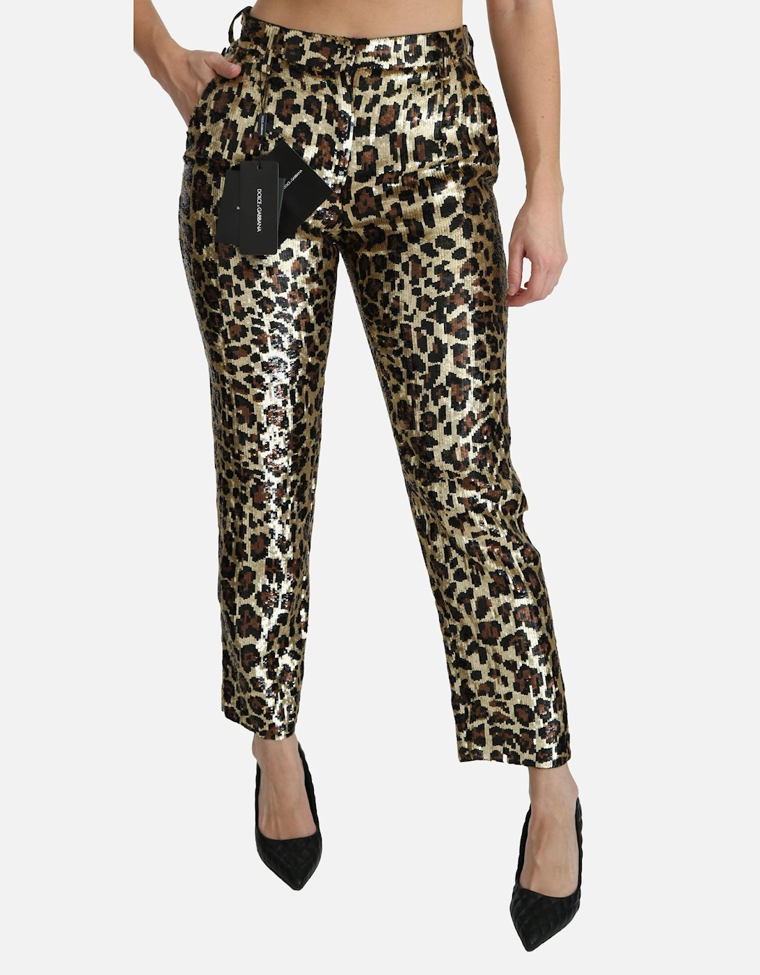 High Waist Leopard Sequined Straight Pants Women - Gold Jeans