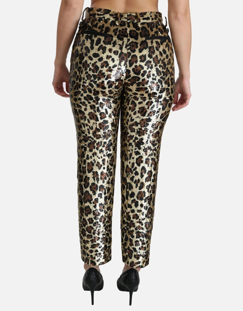 High Waist Leopard Sequined Straight Pants Women - Gold Jeans