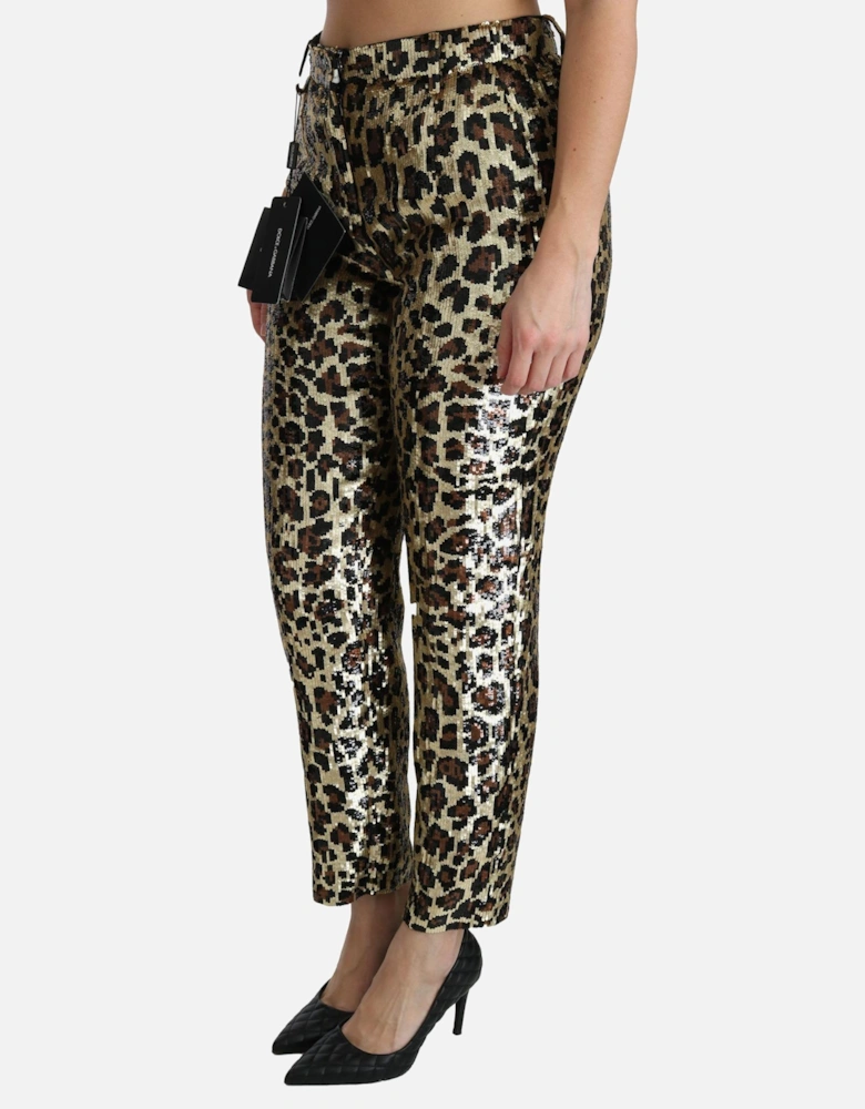 High Waist Leopard Sequined Straight Pants Women - Gold Jeans