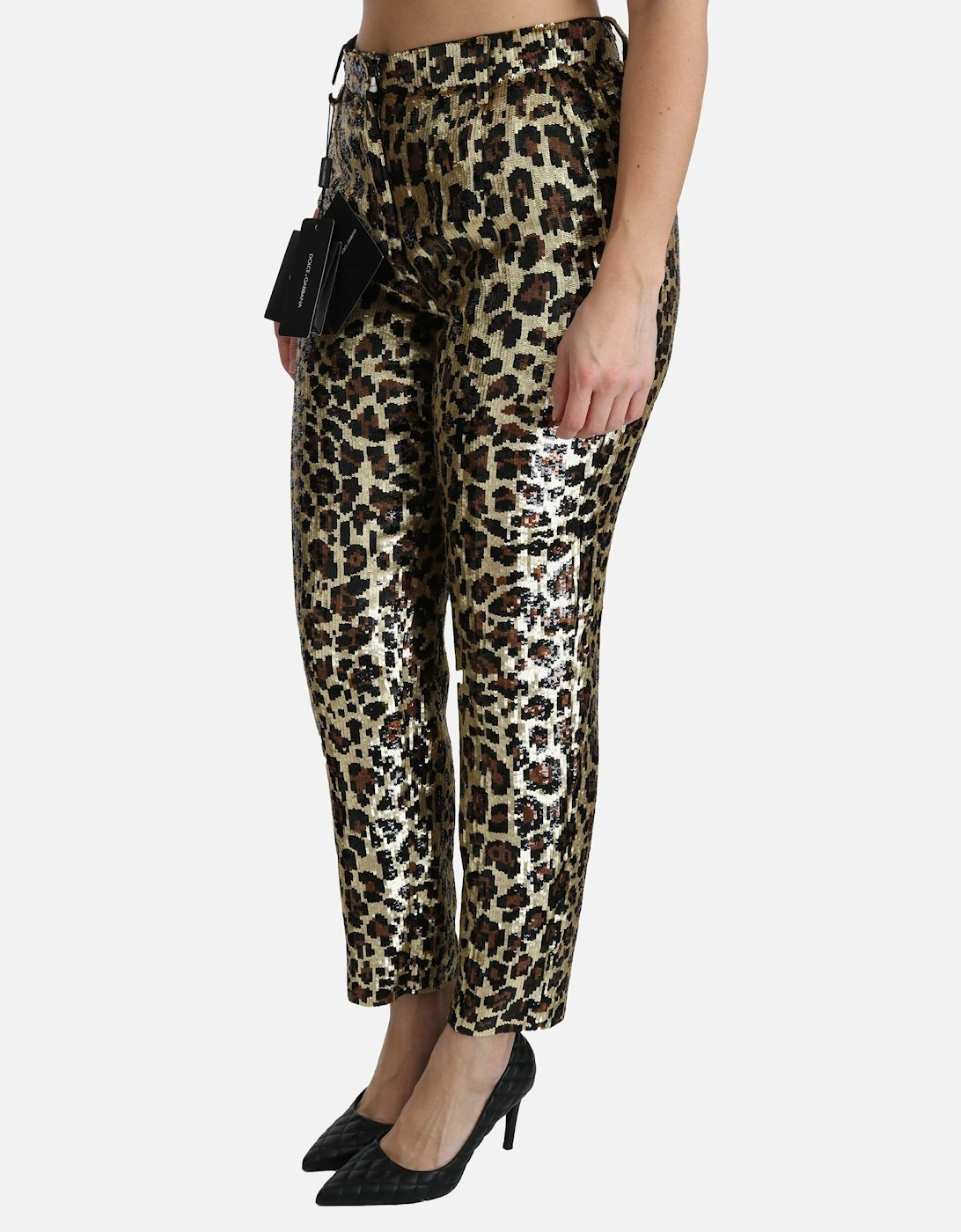 High Waist Leopard Sequined Straight Pants Women - Gold Jeans