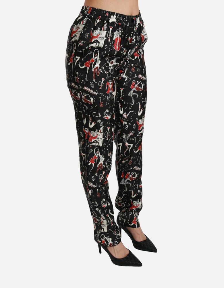 Printed Silk Trousers Music Design Women - Black Jeans