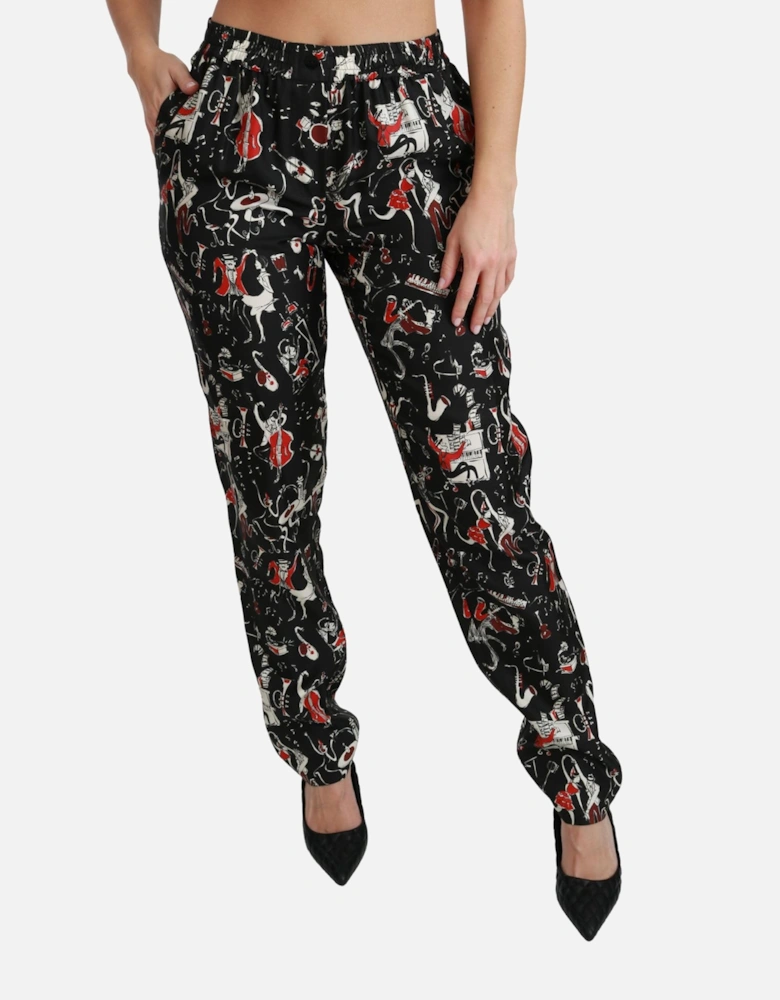 Printed Silk Trousers Music Design Women - Black Jeans