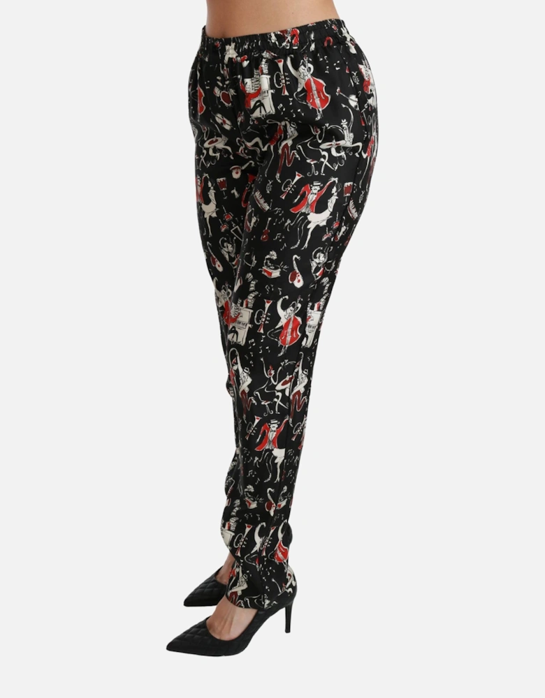 Printed Silk Trousers Music Design Women - Black Jeans