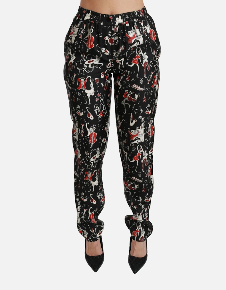 Printed Silk Trousers Music Design Women - Black Jeans